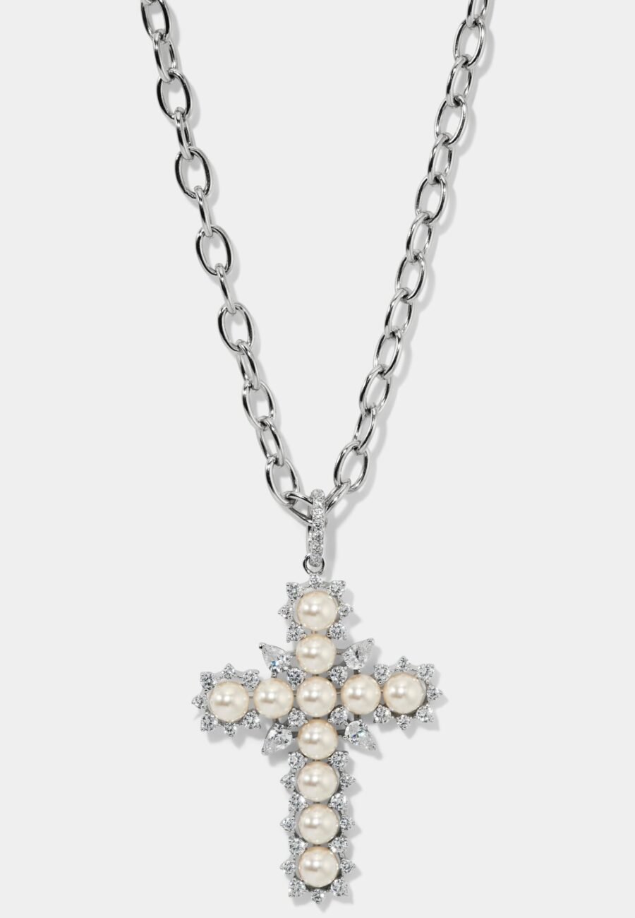 MATERIAL PEARL CROSS PENDANT NECKLACE